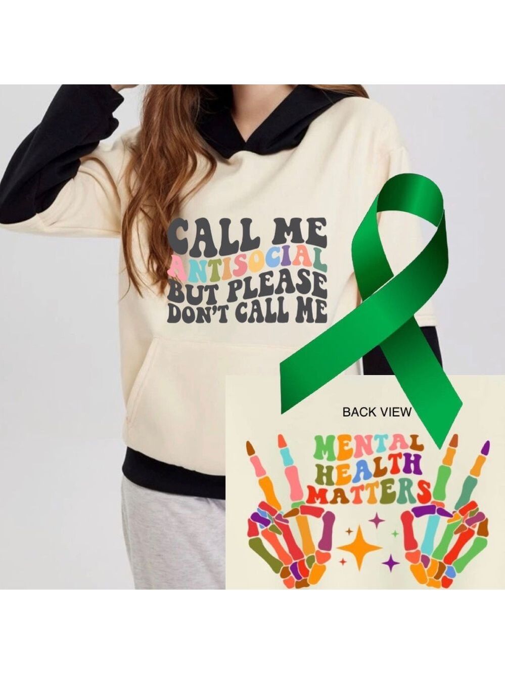 Call Me Antisocial Mental Health graphic oversized pullover hoodie sweatshirt L